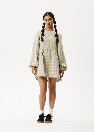 Afends - Kali Long Sleeve Mini Dress in Pistachio Check