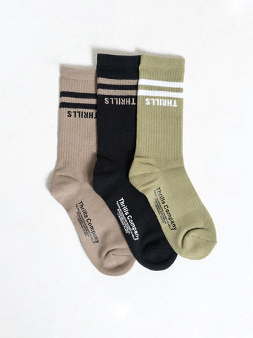 Thrills - Minimal Thrills 3 Pack Sock in Sage Grey/Wash Black/Aloe