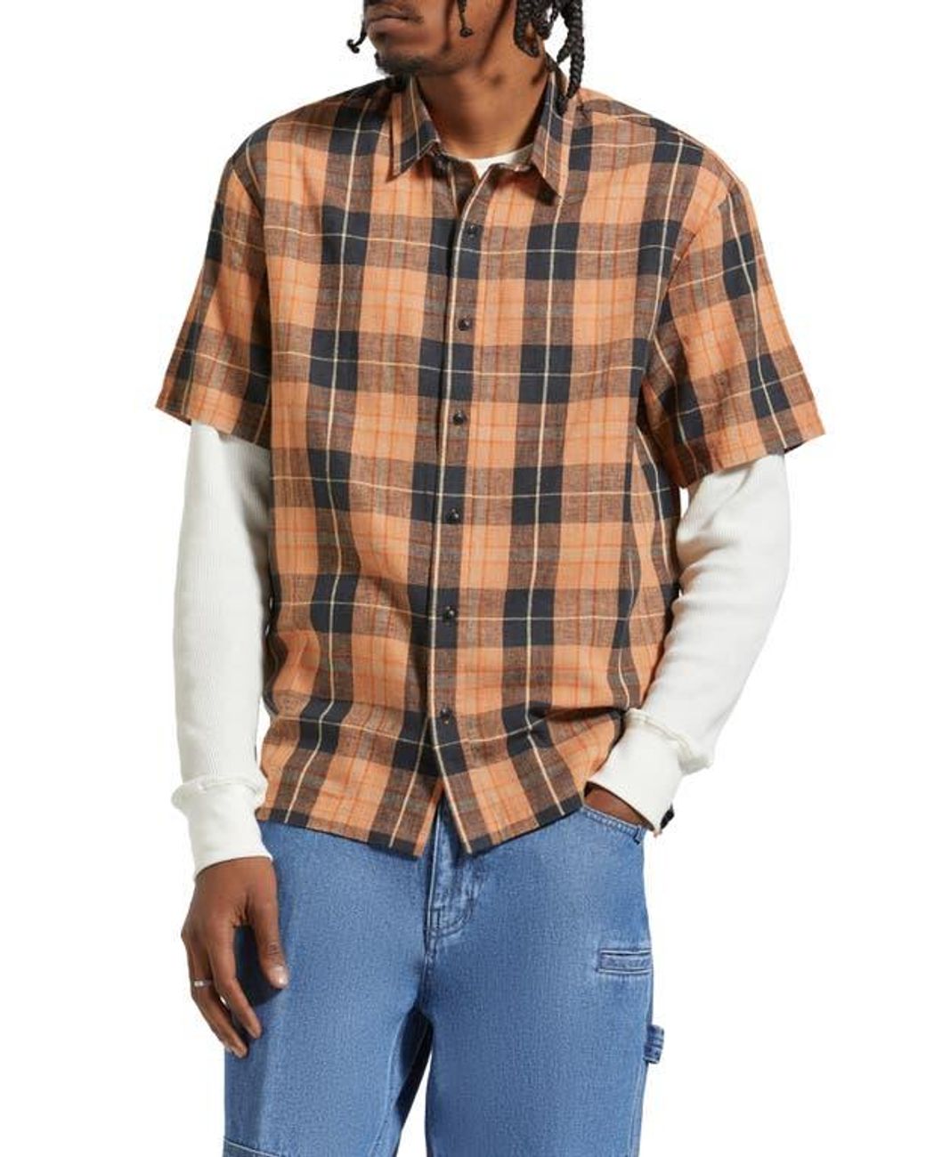 Brixton - Cru Linen Blend S/S WVN Shirt in Black/Rust Orange