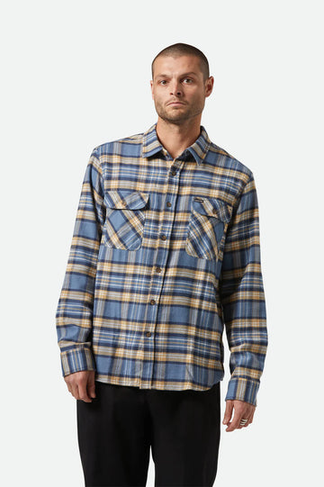 Brixton - Bowery Flannel Shirt in Azur Blue/Washed Navy/Sand