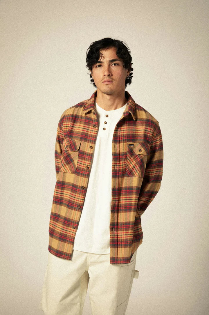 Brixton - Bowery Flannel Shirt in Curry/Washed Black/Crimson