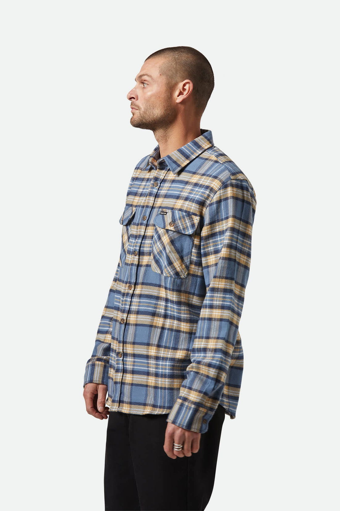 Brixton - Bowery Flannel Shirt in Azur Blue/Washed Navy/Sand