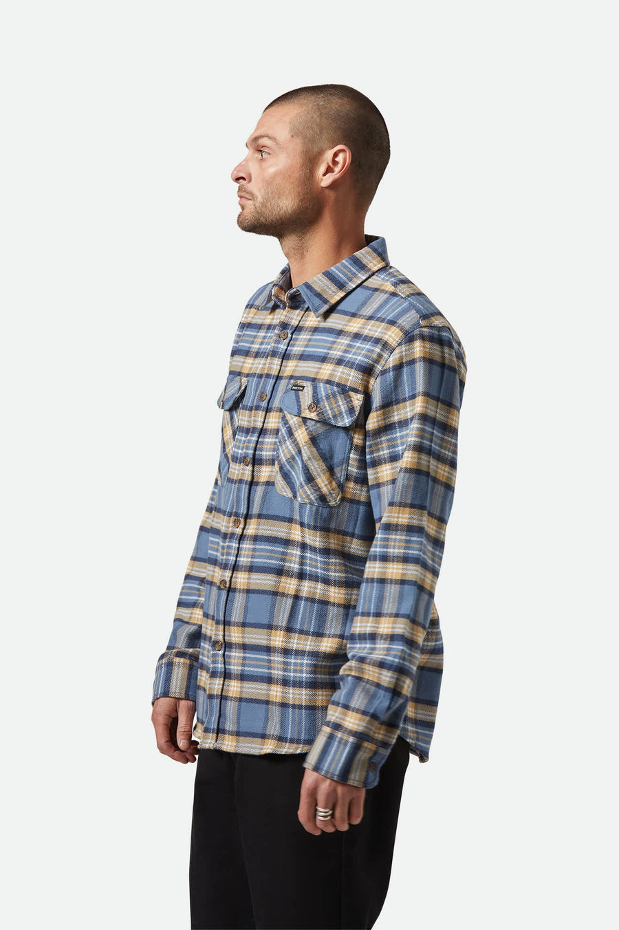 Brixton - Bowery Flannel Shirt in Azur Blue/Washed Navy/Sand