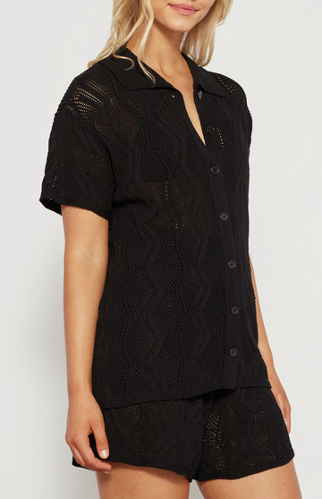 W&C - Crochet Knit Shirt + Short Set in Black